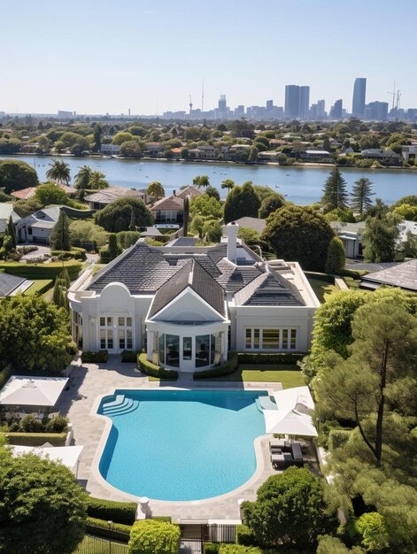 Photo a house with a pool and a large house with a view of the city