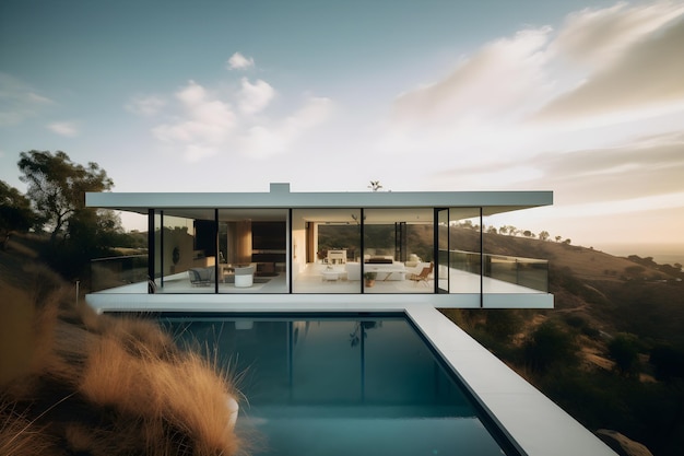 A house with a pool and a large window that says'the house is on a hill '