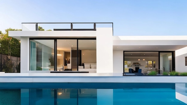 A house with a pool and a large window