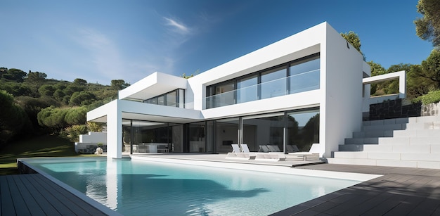 A house with a pool and a large window