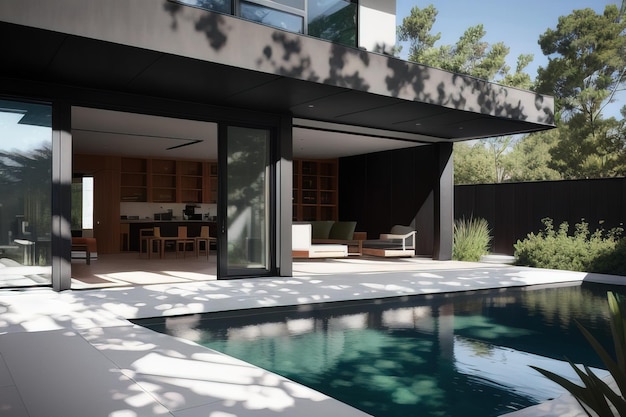 A house with a pool and a large window