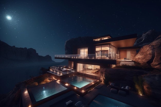 A house with a pool and a moon in the background