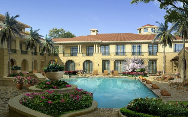 Photo a house with a pool and a palm tree in the background