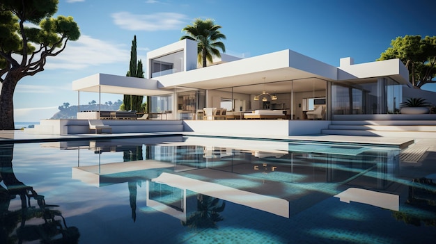 A house with a pool and palm trees