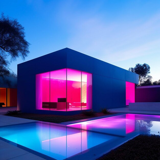 A house with a pool and a pink wall with a black bench in front of it