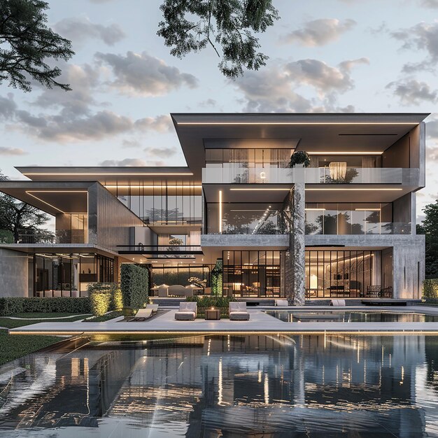 a house with a pool and a pool with a large house in the background