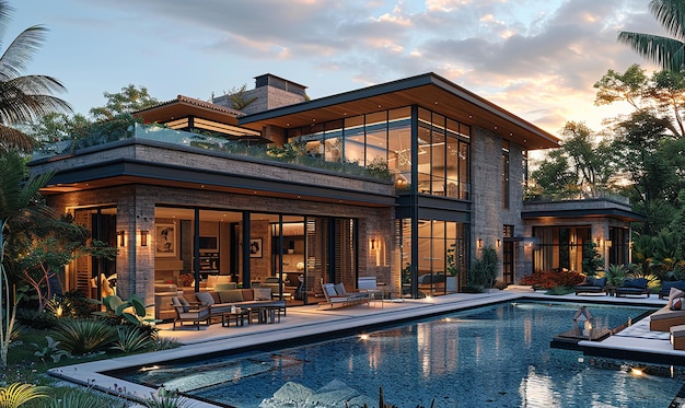 a house with a pool and a pool with a view of the pool and the house