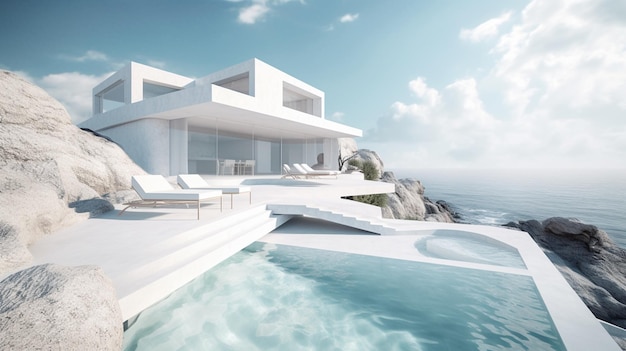 A house with a pool and a sea view