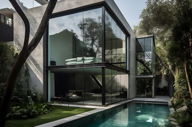 A house with a pool and a tree in the background