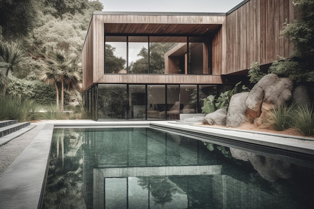 A house with a pool and trees in the background.