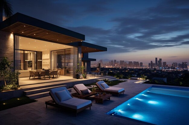 Photo a house with a pool and a view of the city