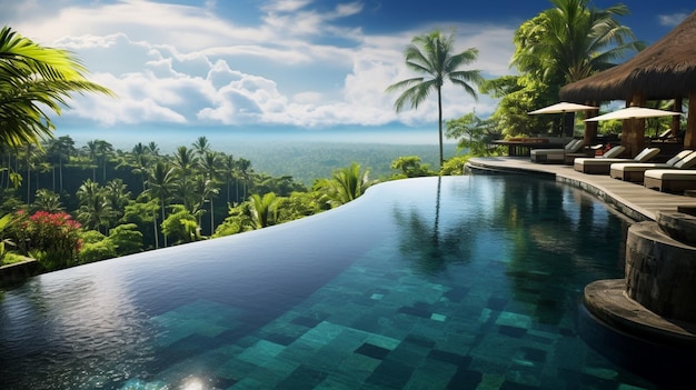 a house with a pool and a view of the ocean.