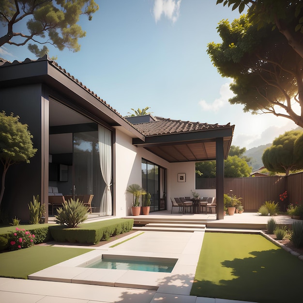 a house with a pool and a view of the pool.