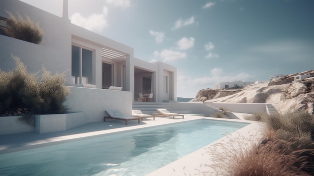 A house with a pool and a view of the sea