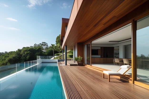 A house with a pool and a wooden deck with a wooden deck and a wooden lounge chair.