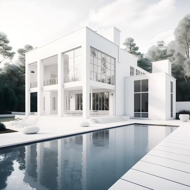 Дом с бассейном во дворе и дом с большим окном и белый дом