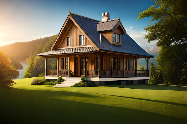 A house with a porch and a blue roof