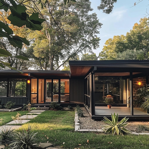 Photo a house with a porch and a garden with a light on the outside