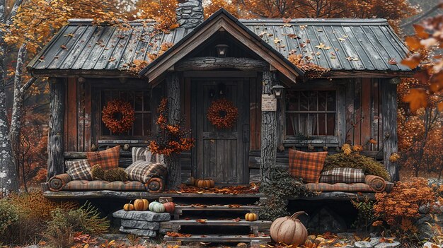 Photo a house with a pumpkin patch on the front porch