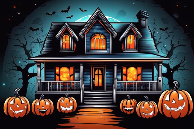 a house with pumpkins on the front.