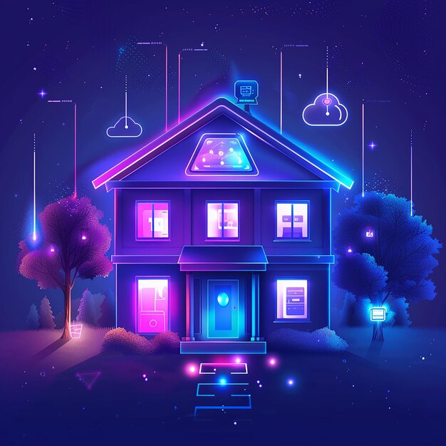 Photo a house with a purple and blue light on the front