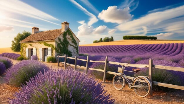 Photo a house with a purple fence and a bicycle parked in front of a house with a purple field of lavender
