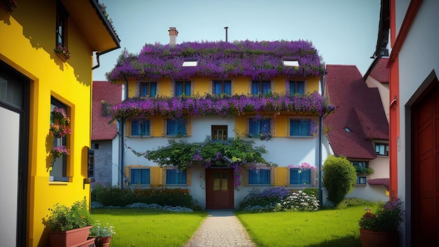 屋根に紫の花が咲いた家