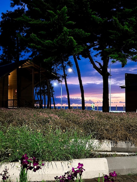 A house with a purple sky at sunset