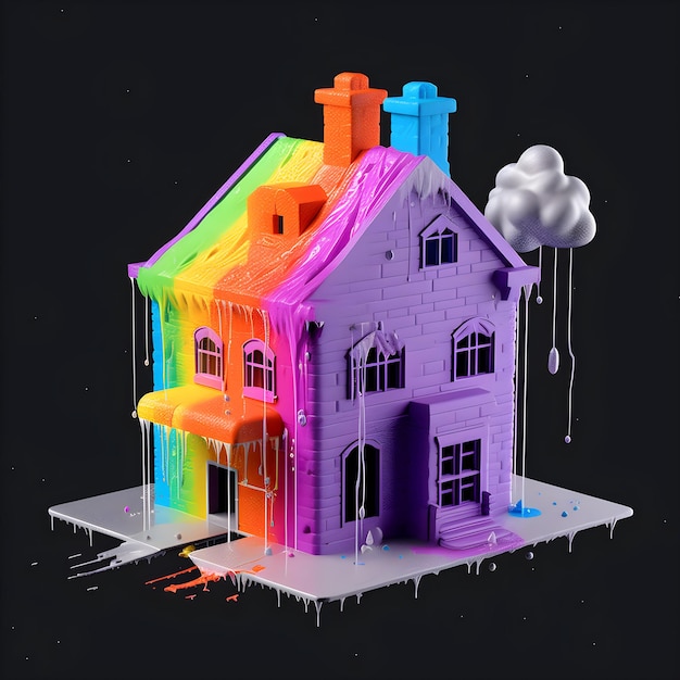 A house with rainbow colors on it and a rainbow on the side.