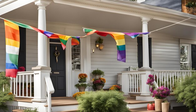 a house with a rainbow flag on the front porch