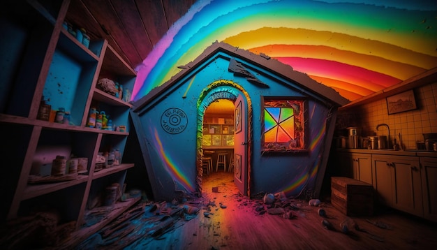 A house with a rainbow on the roof