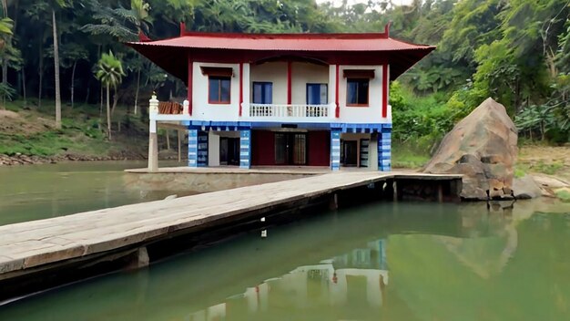 Photo a house with a red roof is on the water and the number 3 on the side of the house