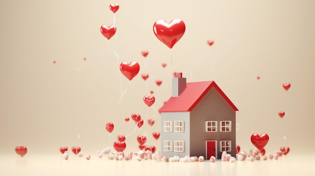 A house with a red roof and a red heart shaped balloons floating above it.