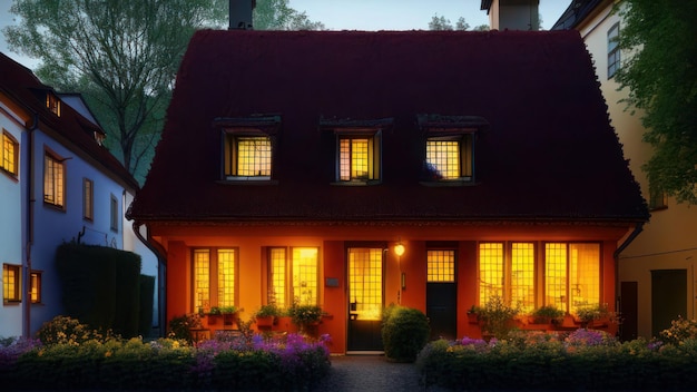 A house with a red roof and a red roof with the lights on.