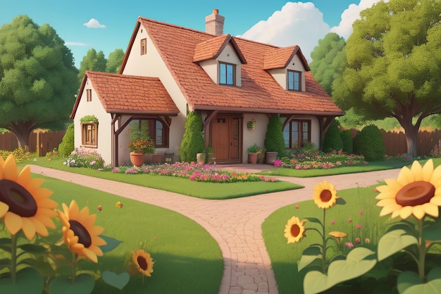 A house with a red roof and a red roof with a sunflowers on it.