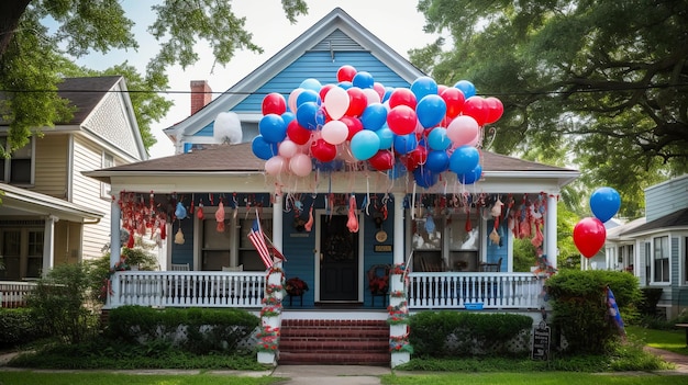 Photo a house with red, white and blue balloons on the front porch