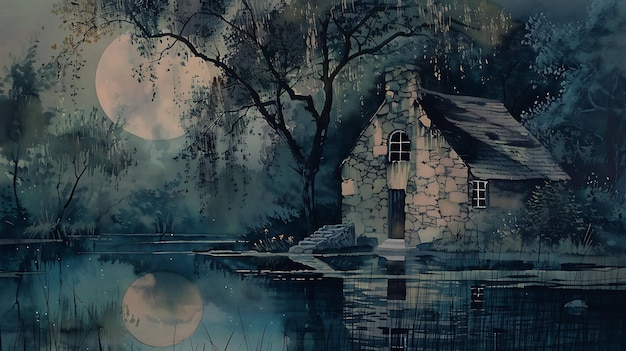 a house with a reflection in the water and a reflection of a house