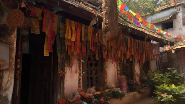 A house with a roof covered in colorful flags