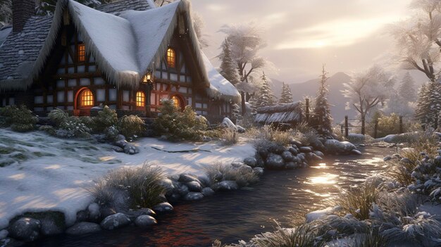 a house with snow on the roof and a river in the background