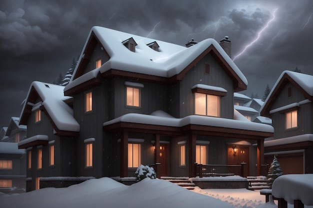 Дом со снежной бурей на крыше