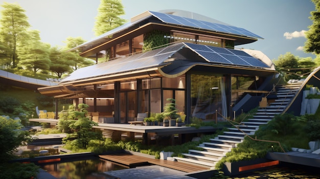 House with solar panel on the roof and garden