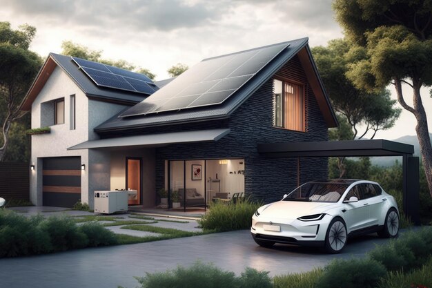 A house with solar panels and an electric car an energyindependent house environmentally friendly energy in the house Generative AI