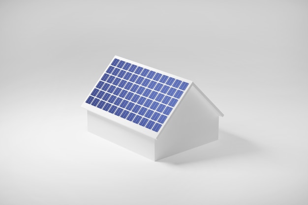 屋根、太陽電池クリーンな電気エネルギー、3 dイラストレーション上の太陽電池パネルのある家。