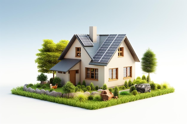 Дом с солнечными панелями на крыше Концепция альтернативного источника энергии