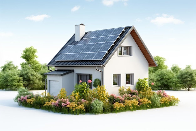 屋根にソーラーパネルを備えた家 代替エネルギー源のコンセプト