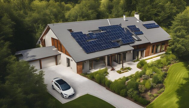 Photo a house with solar panels on the roof and a car parked in front of it