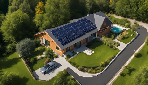 a house with solar panels on the roof and a car parked in front of it