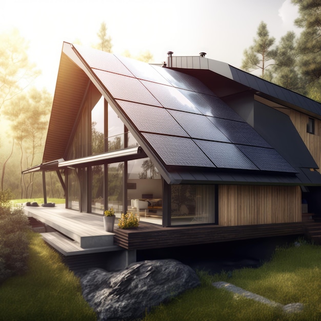 House with solar panels on roof created using generative ai technology