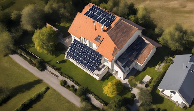 Photo a house with solar panels on the roof and a driveway