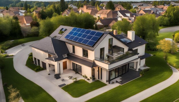 Photo a house with solar panels on the roof and a house with a green lawn